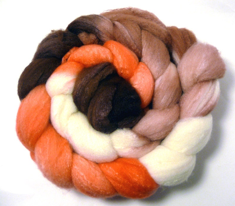 Handdyed MerinoWool/Tussah Silk Roving - Phoebe - brown, tan, coral, white