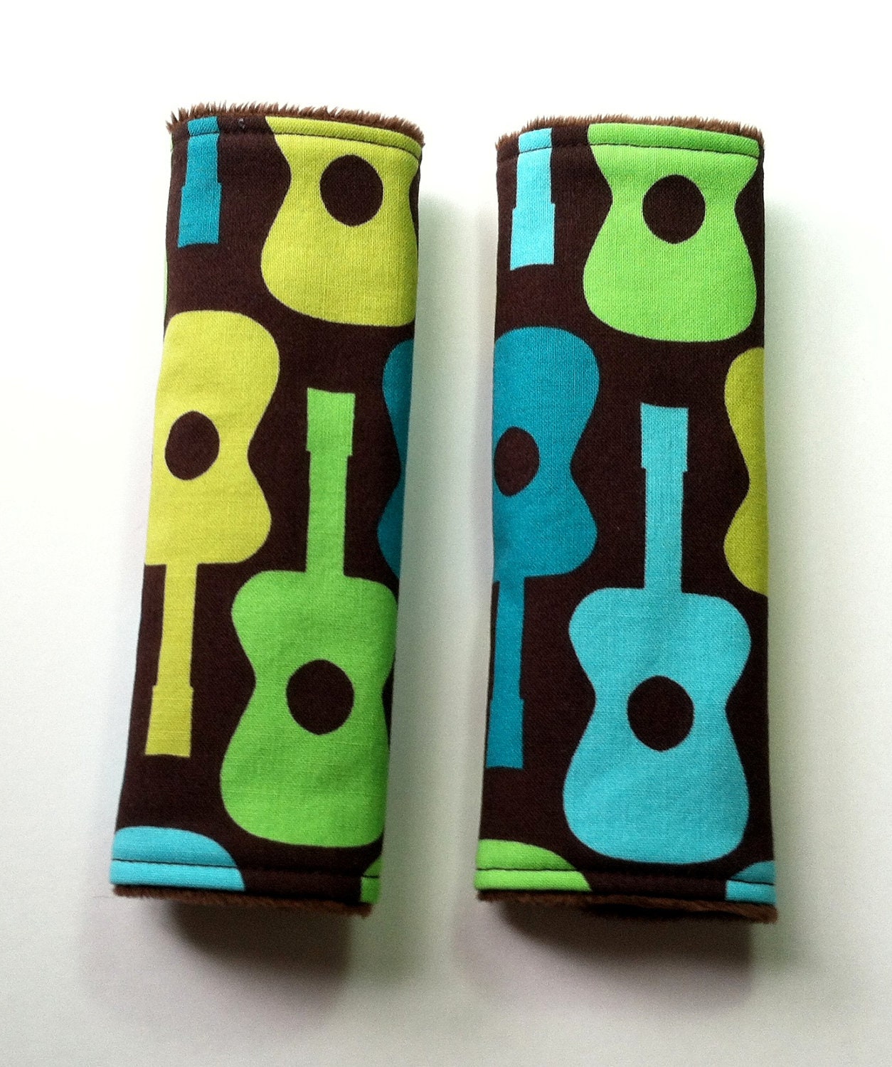 Car Seat Strap Covers - Reversible - Groovy Guitars - Smooth Brown Minky