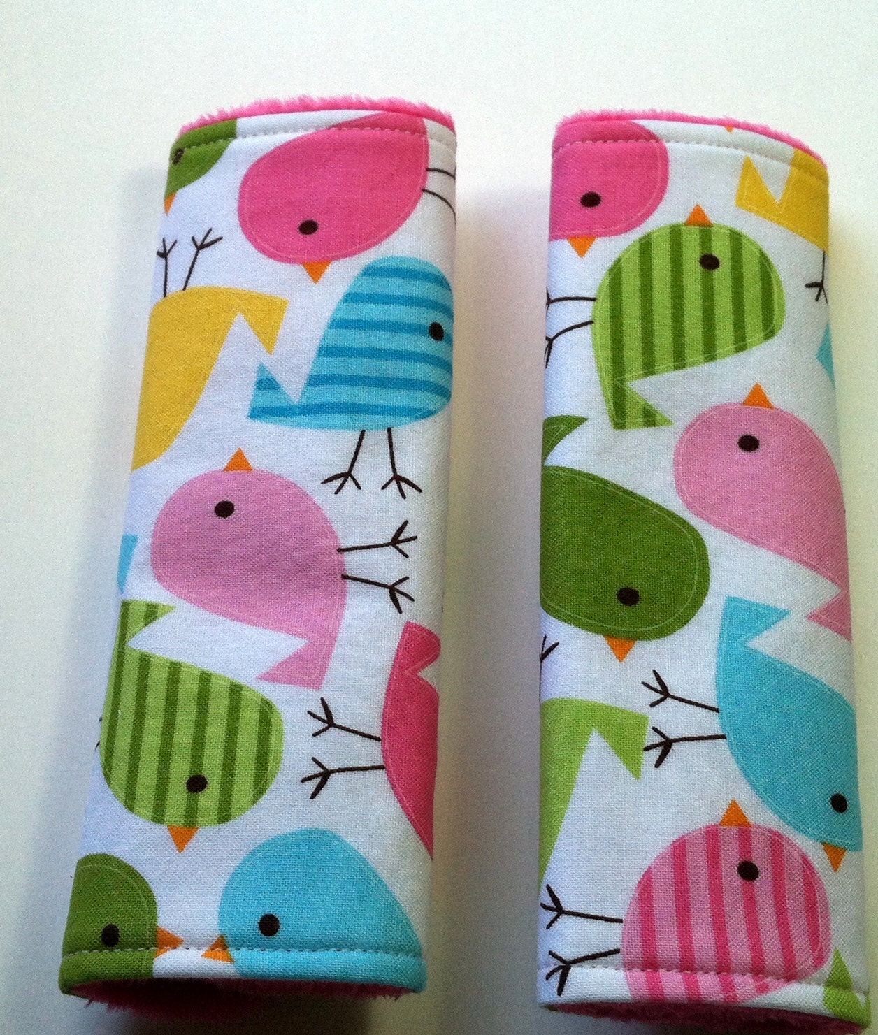 Car Seat Strap Covers - Reversible - Urban Zoologie Birds with Fuschia Minky