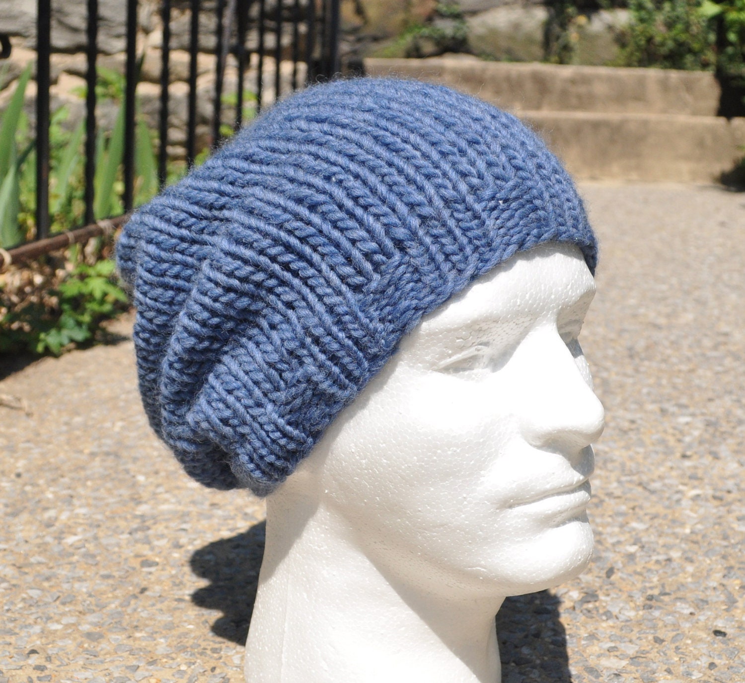 Denim Blue Knit Hat - Wool Ribbed Knit Slouchy Hat - Unisex Hat