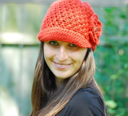 Crochet Newsboy Hat - Women's Winter Orange Hat