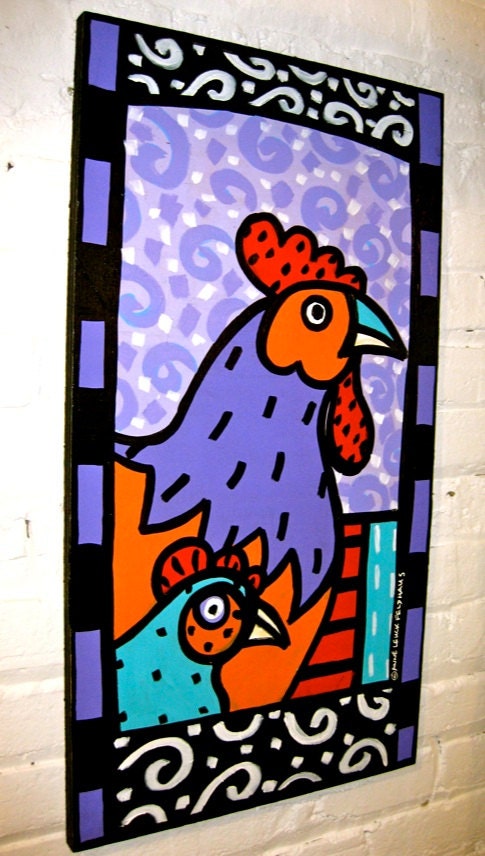 Swirly Poulets 28x16 Original Painting on Recycled Wood Panel Chickens