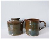 Rustic pottery cream and sugar set - ceramic creamer jar blue brown