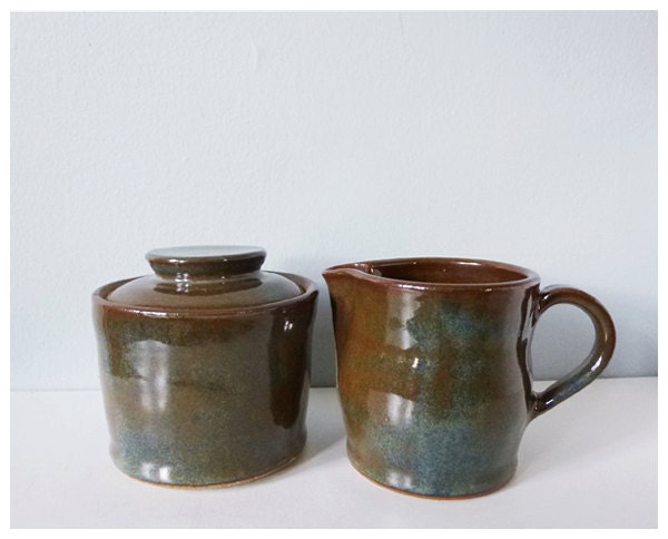 Rustic pottery cream and sugar set - ceramic creamer jar blue brown