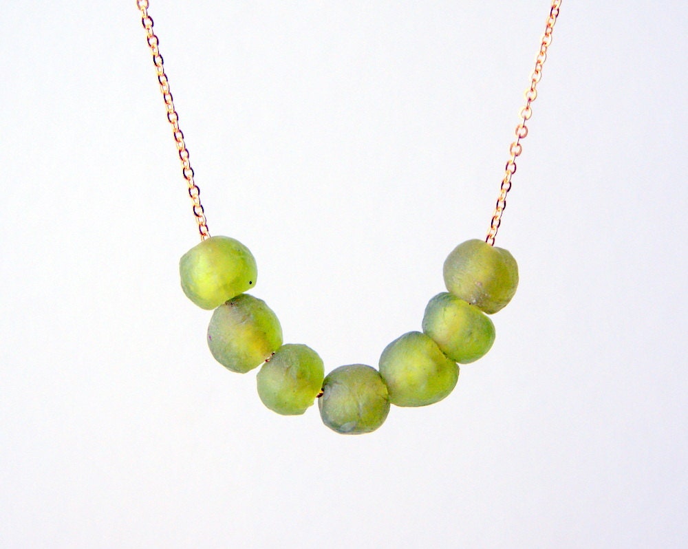 Chartreuse Glass Necklace, tender shoots recycled glass beads, vintage chain, Eco Friendly Fashion
