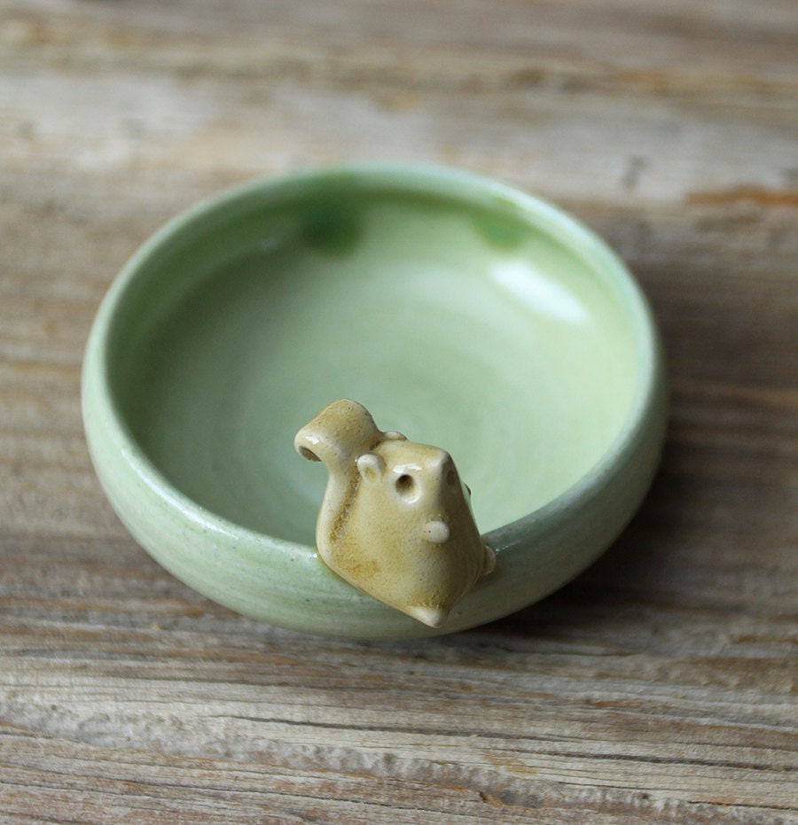 Squirrel with Acorn on a Tiny Little Light Green Bowl
