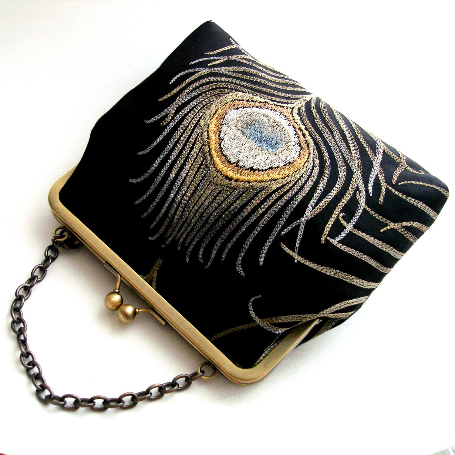 Kisslock Frame Clutch Tote Silk Black Peacock Purse Bridesmaid Bride Wedding Gifts Preppy Prep Bridal