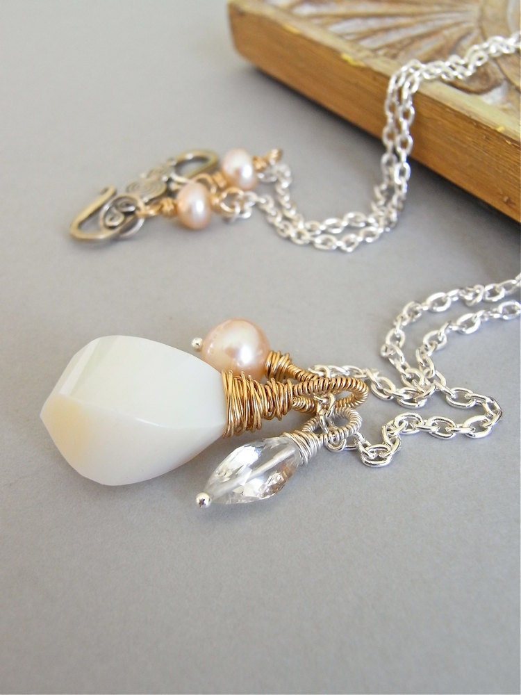 Necklace - sterling silver, goldfill, wire wrapped, opal, freshwater pearl, rock crystal quartz - Dawn