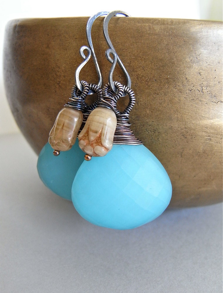 Earrings - sterling silver, oxidised, white topaz and turquoise doublet, vintage glass - Darvaza