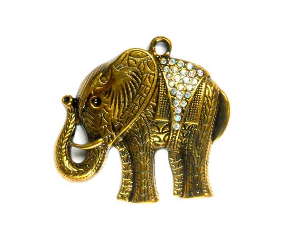 Antiqued Gold Elephant Pendant with Colorful Rhinestone