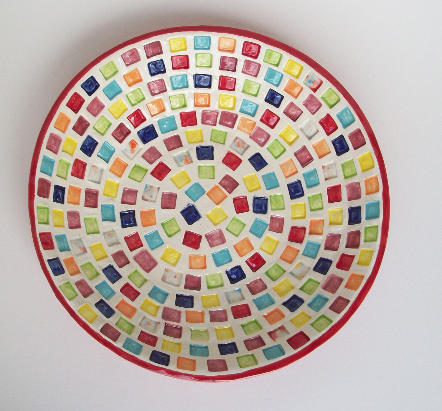 Large Red Serving Bowl with  Rainbow Squares FREE SHIPPING