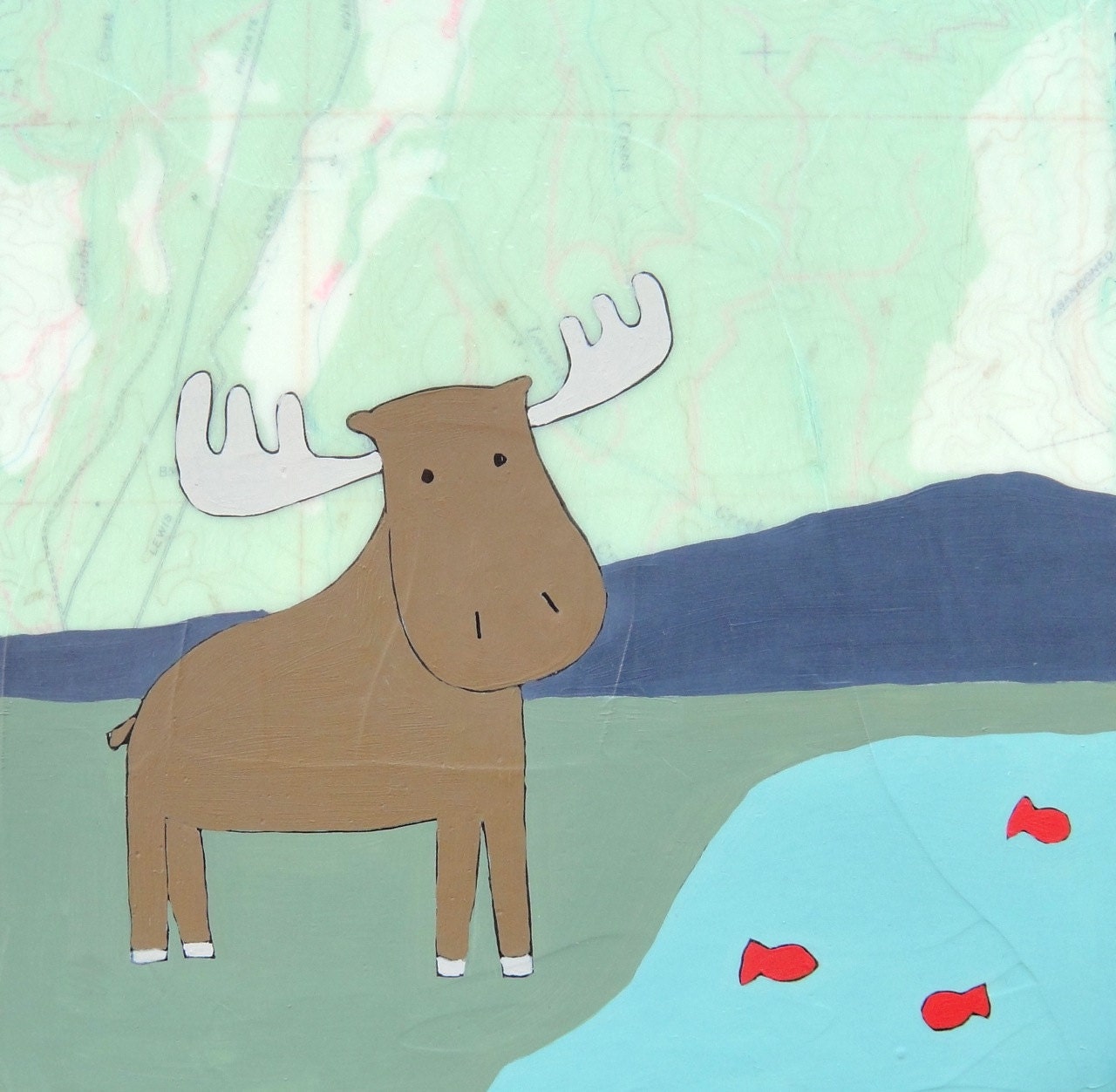 Loowit - Original Map Painting 8" x 8" - Moose Art