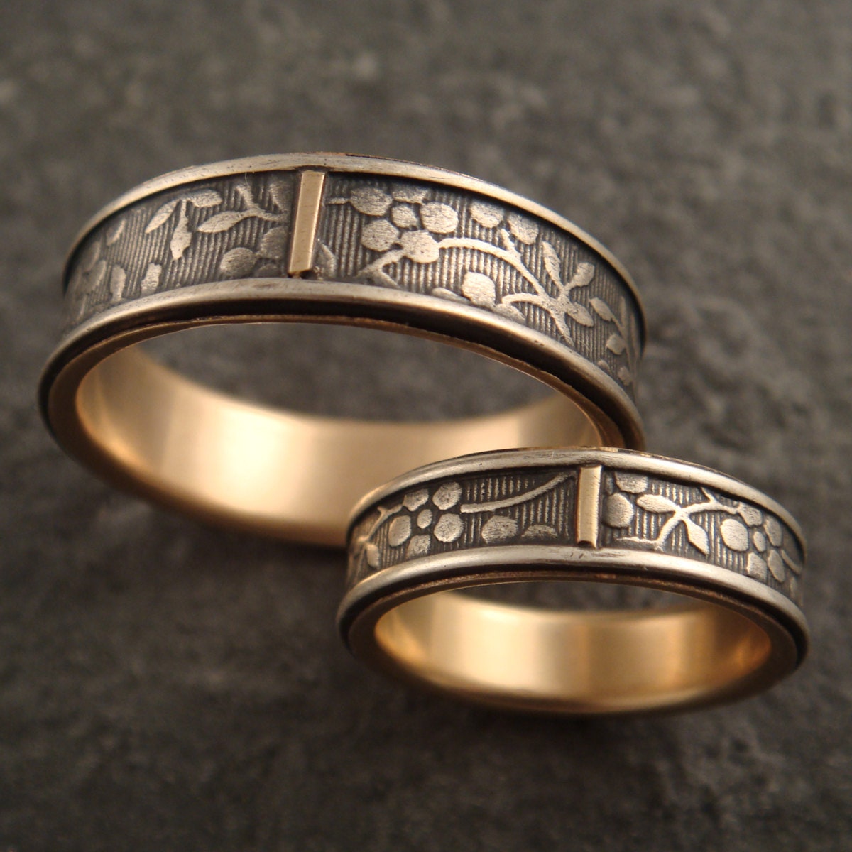Wedding Bands - Sterling Silver with 14k Gold Lining - Forget Me Not Floral Ring Set