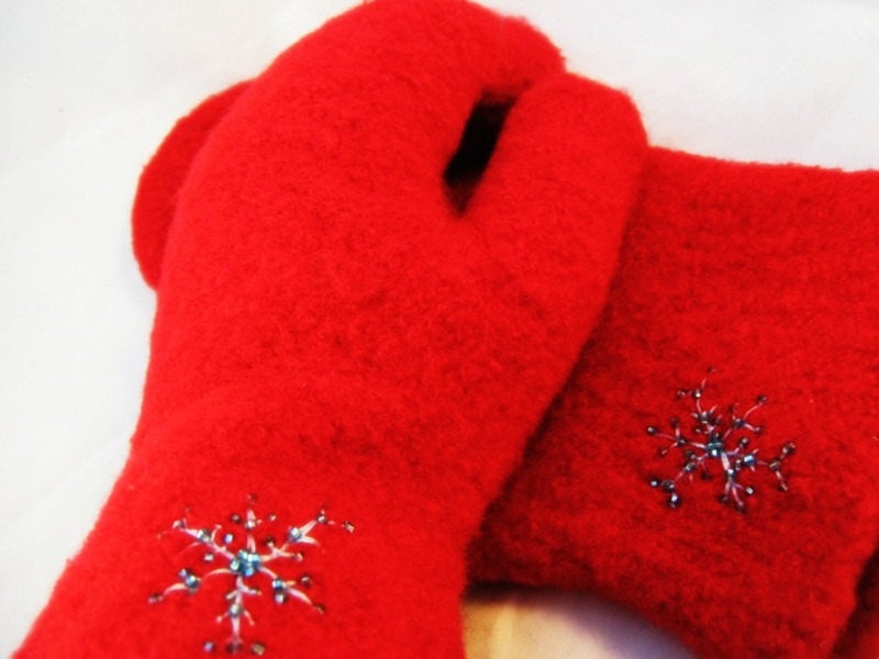 Felted Wool Mittens with Embroidered and Beaded Blue Snowflakes