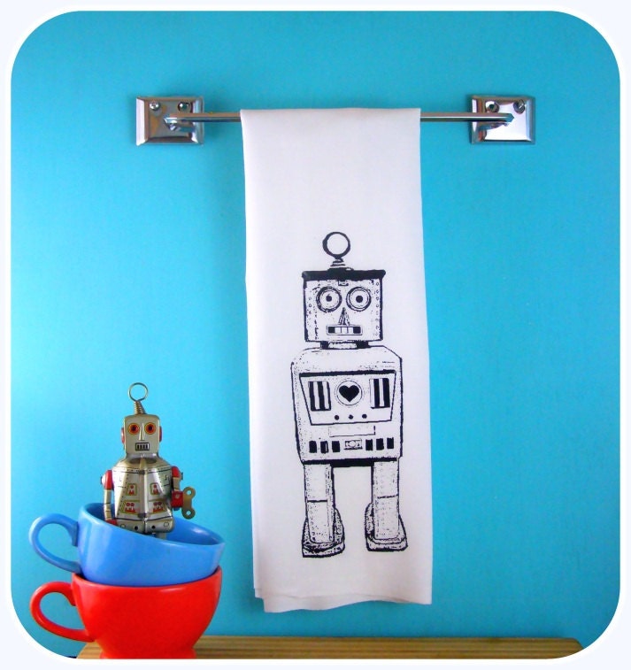 Robot Kitchen Towel Tea Towel CUTE screenprint retro kitchen Indie Housewares Kitchen Gifts