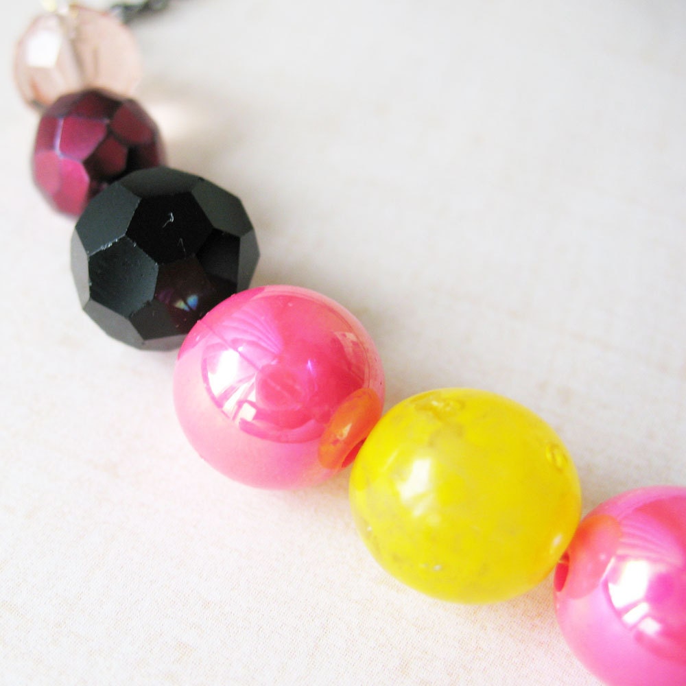 Mod Inspired Colorful Beaded Necklace -Pink Black Yellow Mix - Lovey Sweet