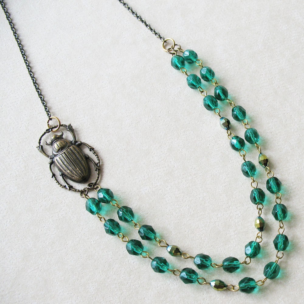 Emerald Green Beaded Scarab Necklace