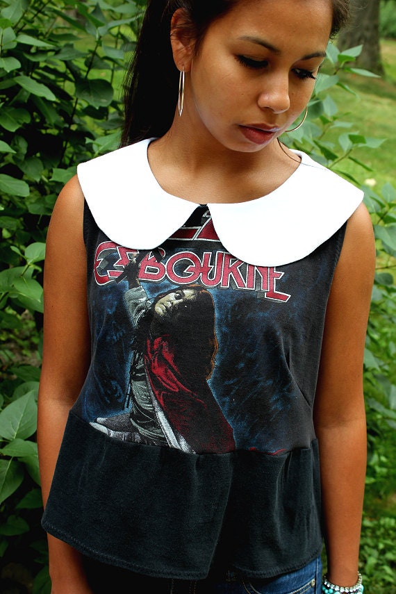 REVIVAL OOAK Upcycled Shirt/Top, Peter Pan Collar, Small/Medium, Rock Tshirt, Ozzy Osbourne, EcoFriendly, Repurposed Clothing