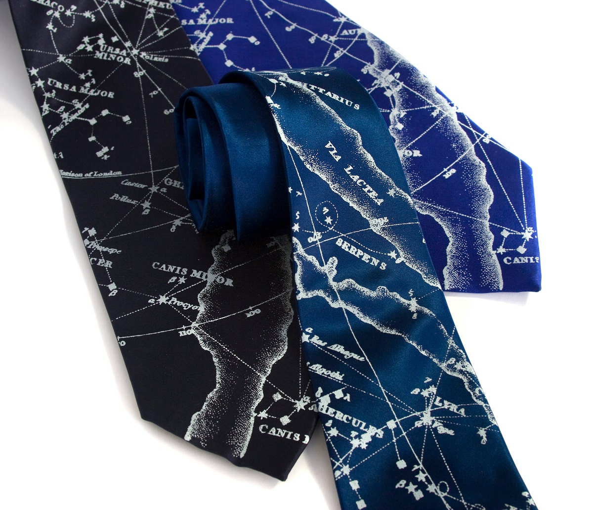 Constellation necktie. Milky Way galaxy, star chart tie. Men's SILK tie. Ice blue print. Your choice of tie colors.