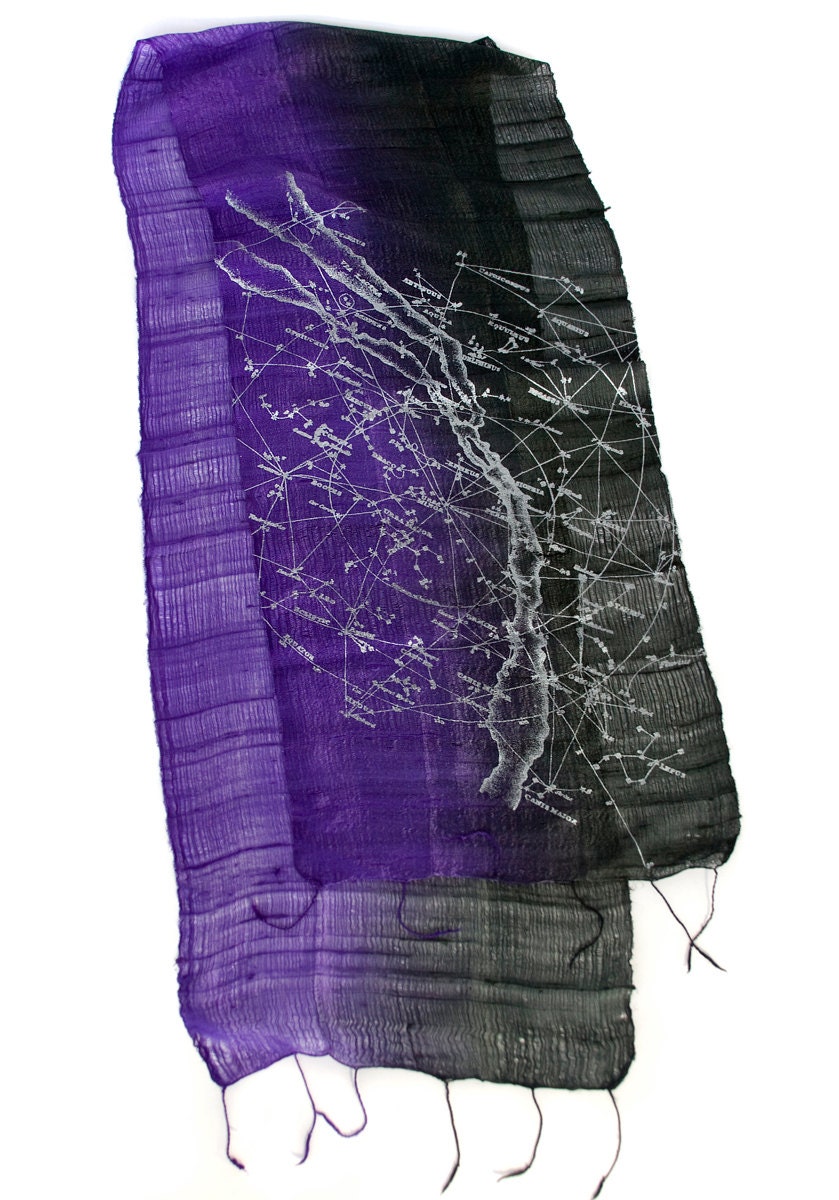 Milky Way Galaxy silk scarf. Silver print on black & purple silk. Ombre gradation. Celestial print fair trade woven silk scarf.