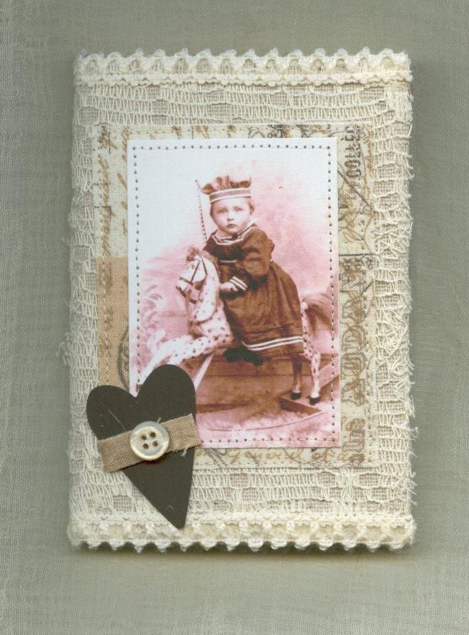 Notebook with removable fabric cover vintage style shabby chic Child Riding a Hobby Horse