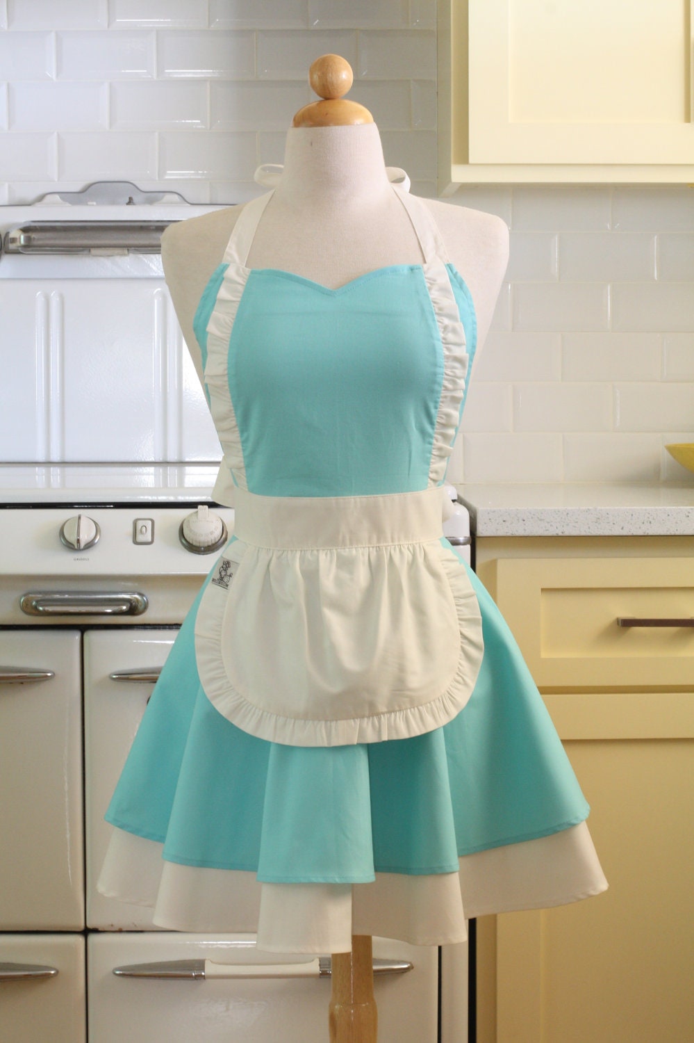 Apron French Maid Solid Aqua with White Double Circle Skirt Retro Full Apron