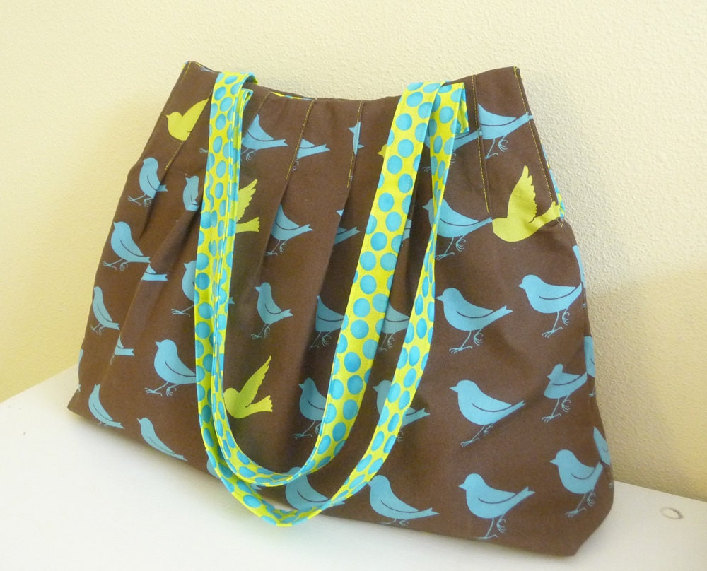 Pleated Tote Bag, Birds and Bright Polka Dots, Knitting Tote Bag, Purse