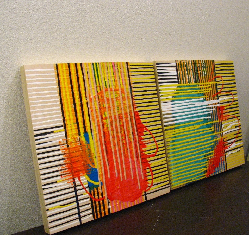 Original Paintings Abstract Mixed Media Diptych Acrylic Art by Aisyah Ang Size 20x40 with Cert
