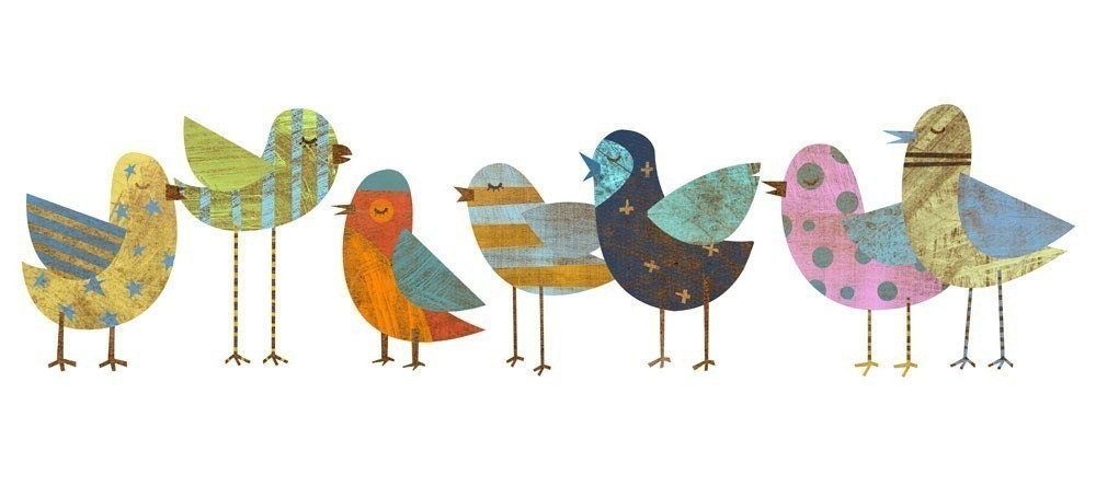 Whimsical Bird Art Print - Flock No. 1 Collage Print 8 in x 18 in - Bird Family Print Picture of Birds - Gift for Mom - Gift