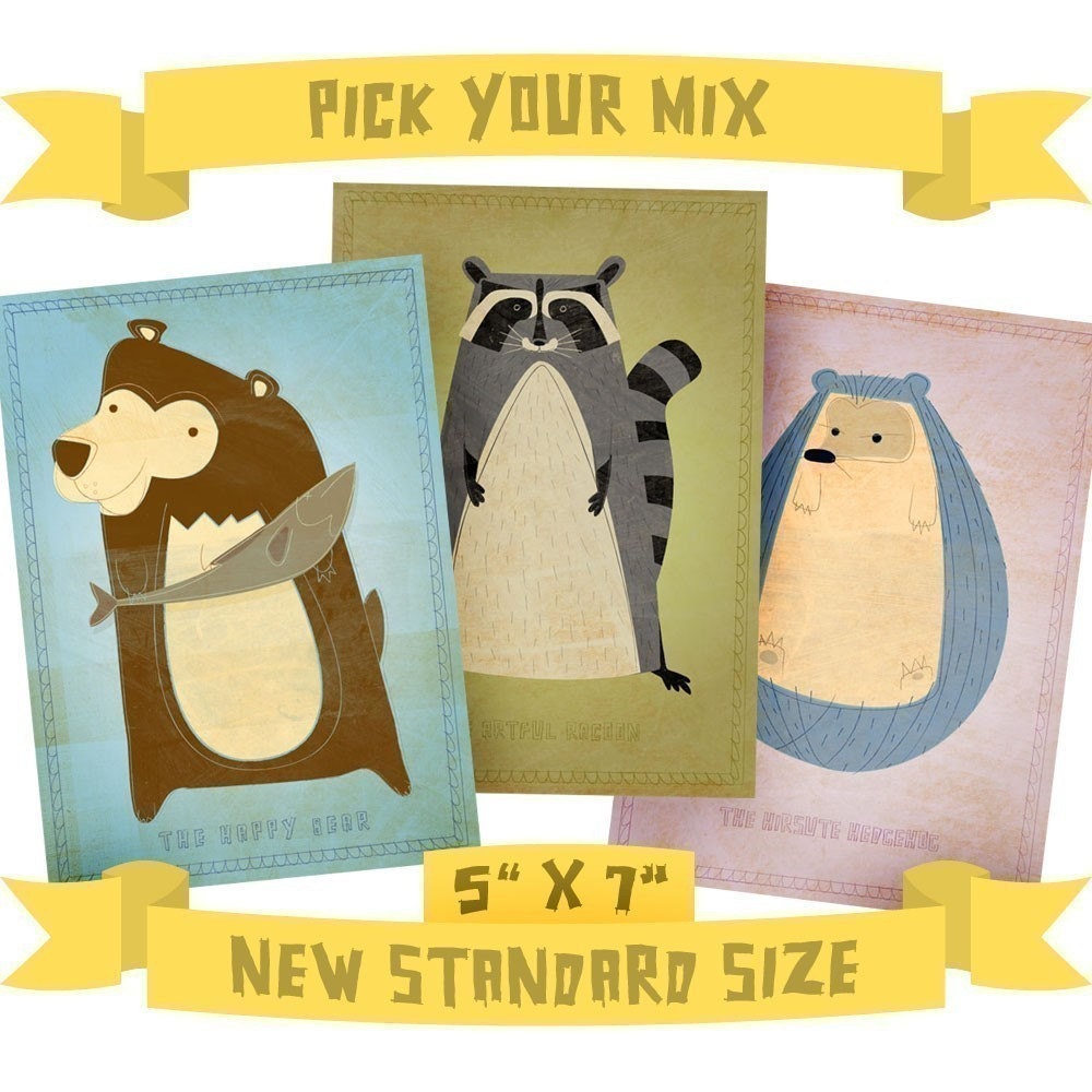 Animal Print - 5 in x 7 in Critters Series - Pick Your Mix - Set of 3 Prints - Woodland Nursery Decor - Woodland Critter Art for Children