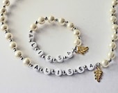 Autumn Wedding Pearl Name Necklace & Bracelet Set Jewelry for little girls YOU CHOOSE pearl color and charm Flower Girl Jewelry Fall Wedding