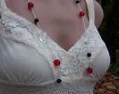 Ruby Glass, Ice Flake Quartz, Obsidian Long Necklace