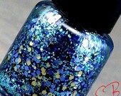 Peek-A-Blue Glitter Nail Polish Lacquer (Multi-colored & size blue, gold hexes) Full size .05oz/15ml Bottle