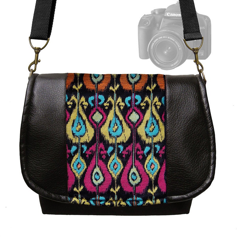 DSLR Camera Bag Purse Slr  Vegan Leather Camera Bag Black Ikat Tapestry  Zipper Padded Deluxe Model fuschia orange