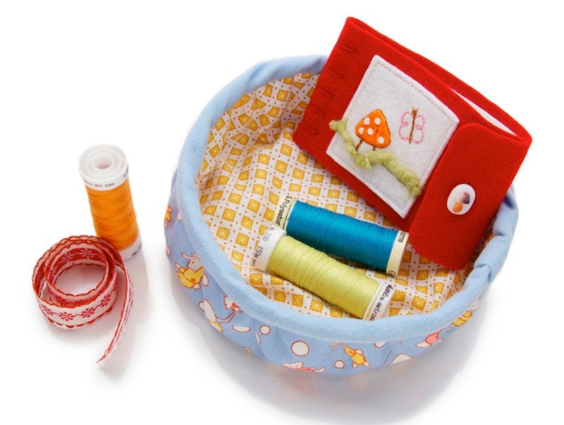 Small Fabric Basket, Blue and Yellow,  Bunny Rabbit and Teddy Bear, Desk Storage