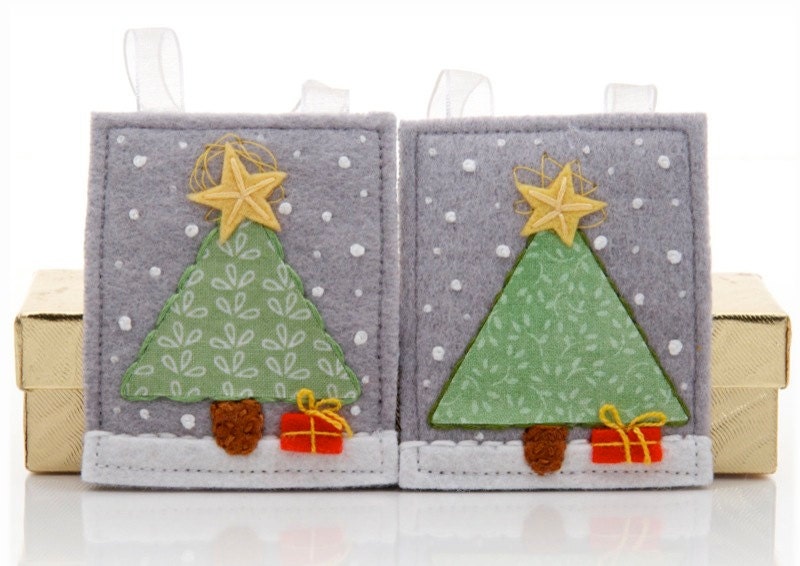 Wool Felt Ornament, Set of Five, Handmade, Hand Embroidered, Christmas Trees