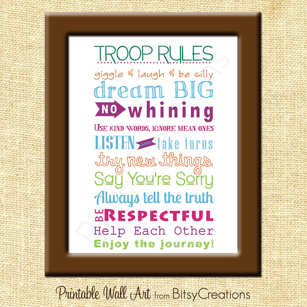 Girl Scouts Troop Rules Subway Art Printable Wall Art by BitsyCreations Instant Download