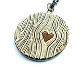 20% OFF SALE - Brown and Cream Wood Grain Faux Bois Necklace with a Brown Heart Necklace - Wood You Love Me