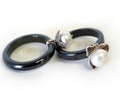 Hematite  Band Ring White Freshwater Pearl Wire Wrapped Fine Silver Flower Wedding jewelry, Bridesmaid ring