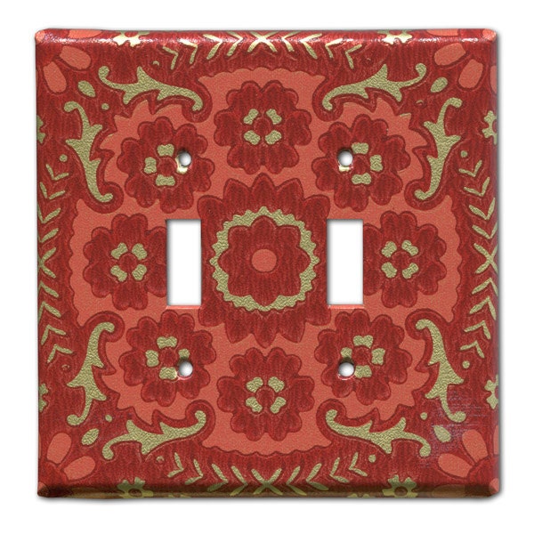 Double Switch Plate 1960's Vintage Wallpaper Red and Gold Geometric Floral Medallion
