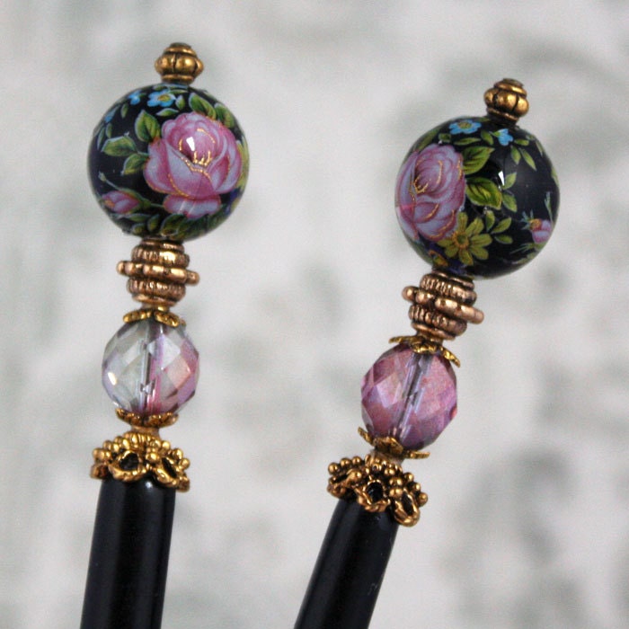 Tensha Garden Hairsticks - Pink, black, and gold