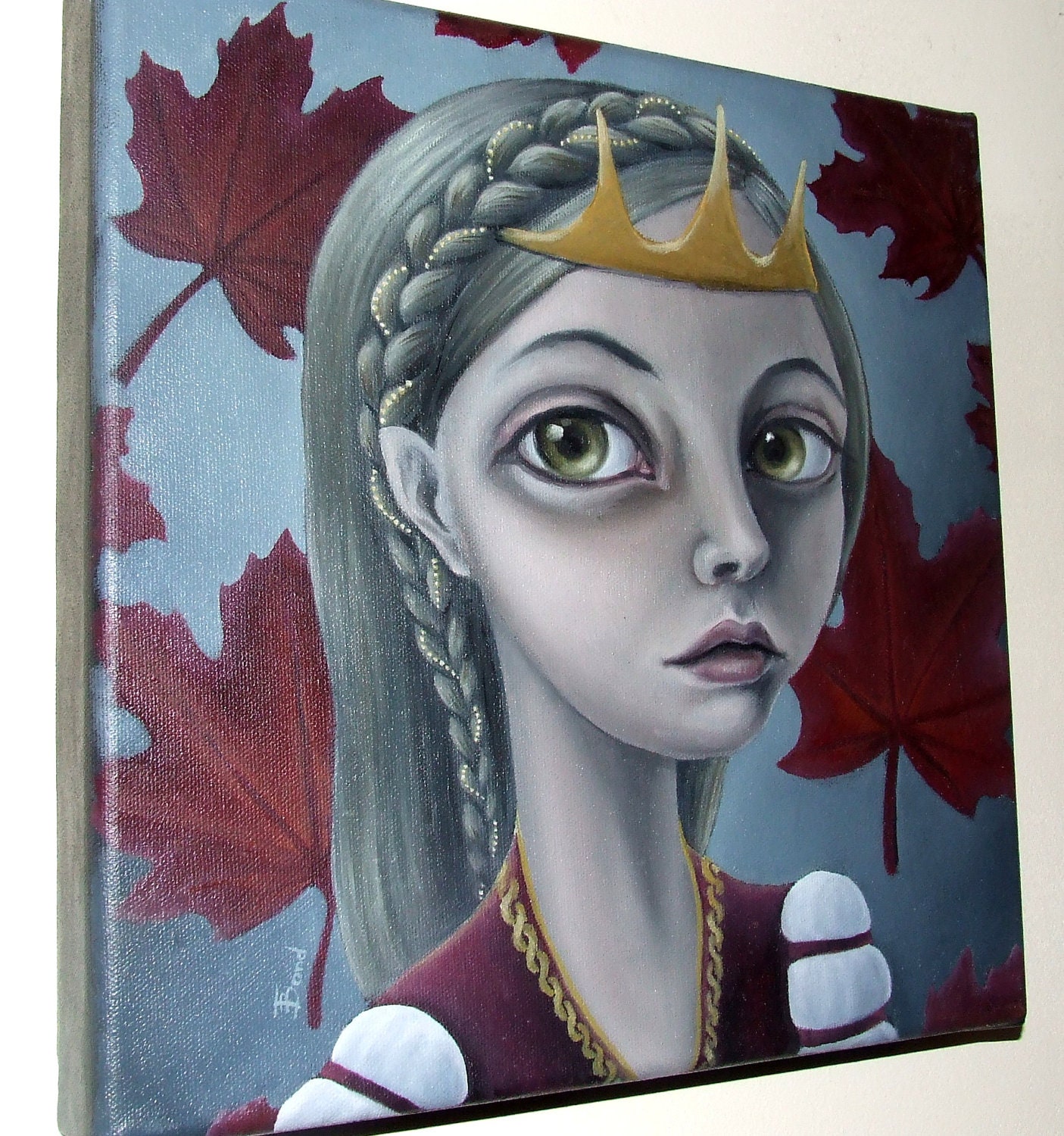 October - ORIGINAL oil painting - surreal pop fantasy art - maple leaves - painted lady portrait by Tanya Bond