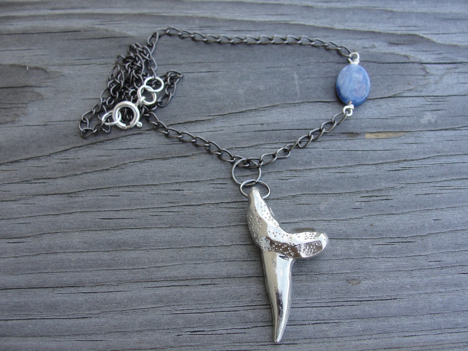 Shark Tooth and Blue Kyanite Gunmetal Chain Necklace
