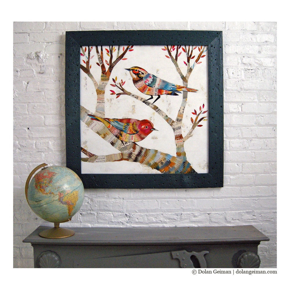 Bird Collage, Off White Cream, Warbler Collection, Reclaimed Wood Frame, Made to Order