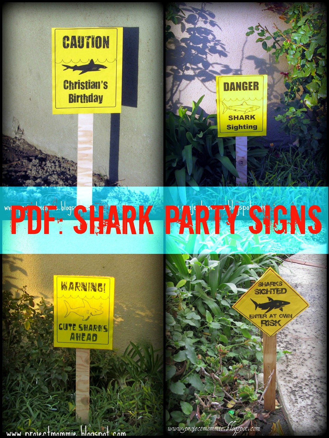 PDF: Set of 4 Shark Party Signs - Customized Digital File DIY Printable Il_570xn