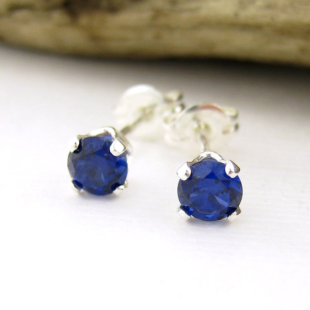 Sapphire Earrings Gemstone Stud Earrings Post Earrings Sterling Silver 4mm September Birthstone Dainty Petite Navy Blue Midnight