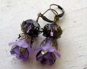 Purple AB Faceted Glass Crystal Bead, Lucite Lily, Tulip Flower Vintage Bronze Earrings
