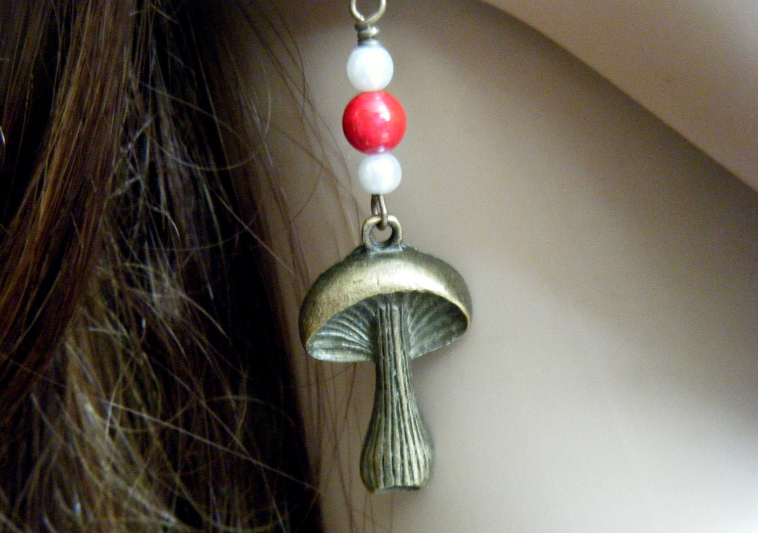 SUMMER SALE Beaded Brass Mushroom Earrings, Toadstool, Boho, Amanita, Red, Whimsical