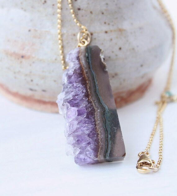 amethyst druzy pendant necklace, natural rough slice, purple, gold fill, statement boho