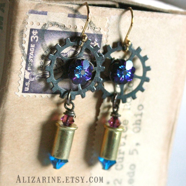 The Maverick V -  Shell casing and blackened brass earrings with crystals